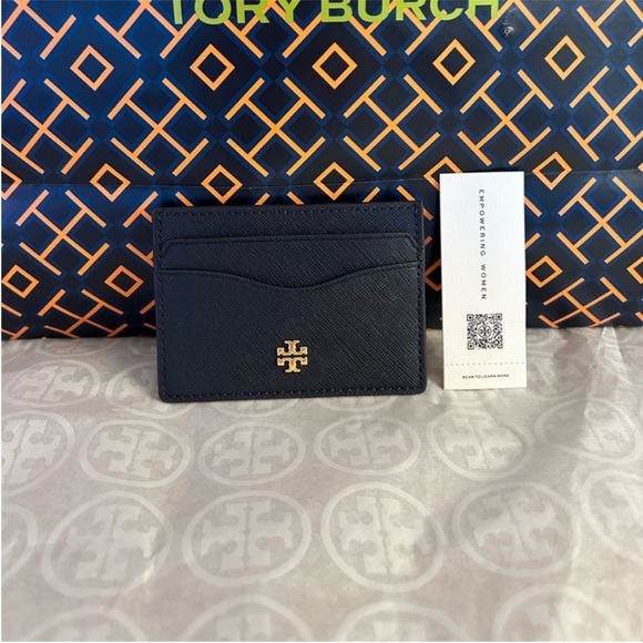 Tory Burch Emerson Slim Card Case Tory Navy Gold Dark Blue - Picture 1 of 4